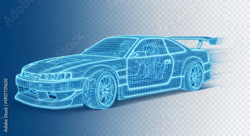 Blue Wireframe Sports Car Design.