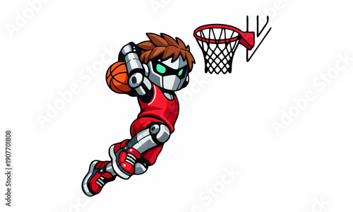 Futuristic robot dunking a basketball cartoon illustration