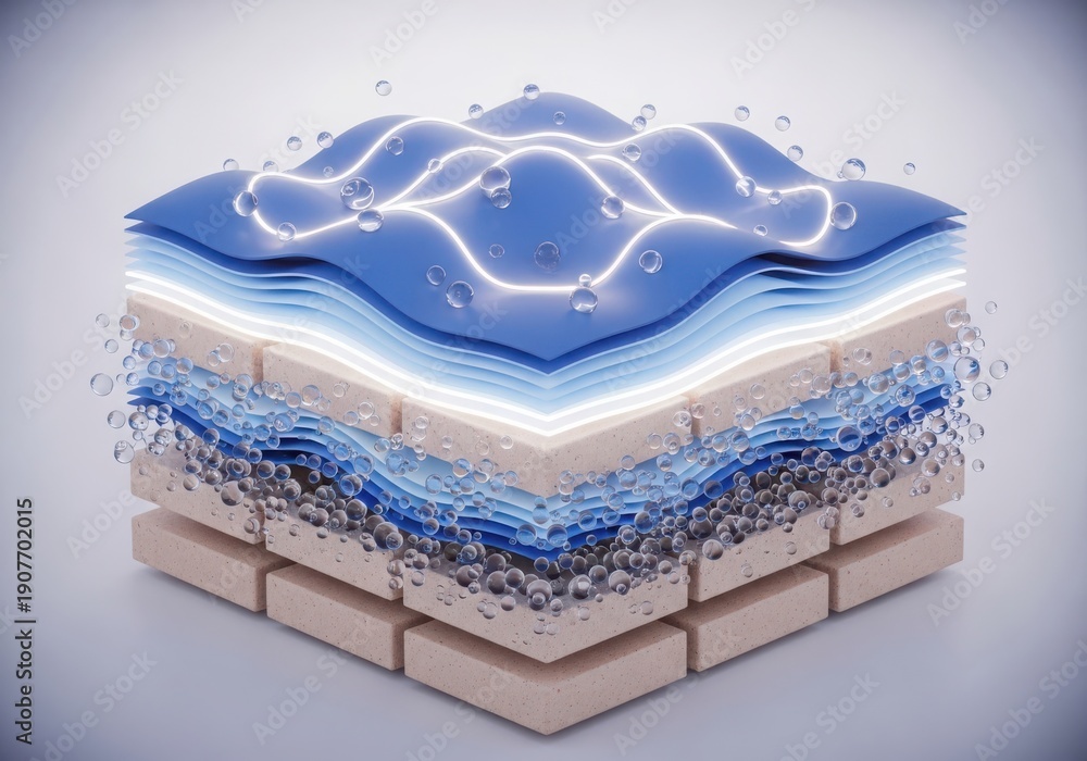 Fototapeta premium Abstract 3D layers of blue water-like substance with bubbles and particles