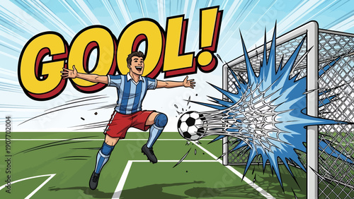 Soccer Player Kicking Ball into Goal.