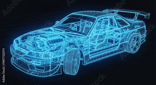 Blue Wireframe Sports Car Design.