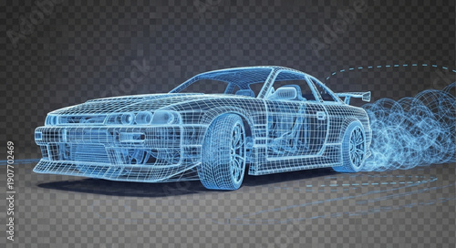 Blue Wireframe Car Design Model.