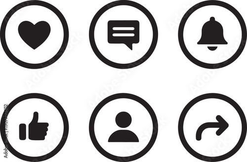 A neat grid of essential interface symbols including heart, comment, bell, thumb up, user, and share