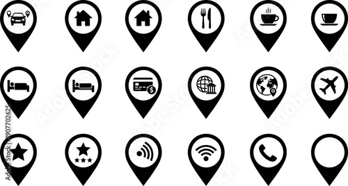 Black map pin icon collection for travel, accommodation, food, transport, connectivity and communication navigation markers