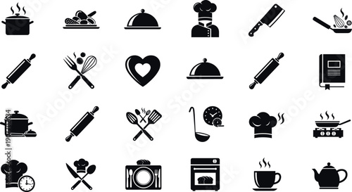 Black minimalist kitchen, cooking and restaurant icon set featuring pots, chef hats, rolling pins, knives, oven, utensils and coffee