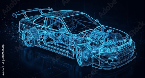 Blue Wireframe Car Design Model.