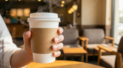 Hand holding coffee cup with blank cardboard sleeve mockup