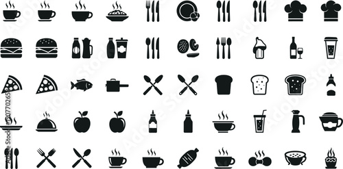 Black minimalist restaurant and food icon set featuring meals, drinks, cutlery, burgers, pizza, condiments and kitchen symbols