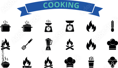 Black cooking and fire icon set with pots, campfire flames, grill tools, chef hat and kitchen heating symbols