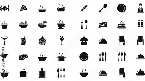 Black restaurant and food service icon set featuring meals, desserts, drinks, cutlery, seating, waiter and dining symbols