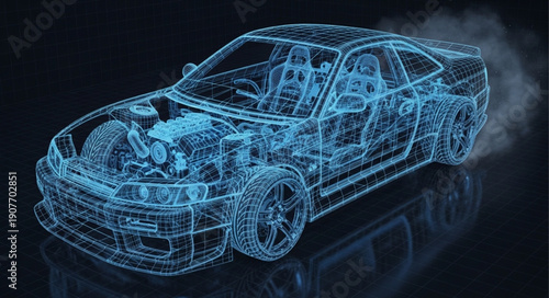 Blue Wireframe Car Design Model.