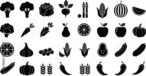 Black silhouette fruit and vegetable icon collection featuring broccoli, cabbage, asparagus, citrus, pumpkin, corn, peppers and fresh produce