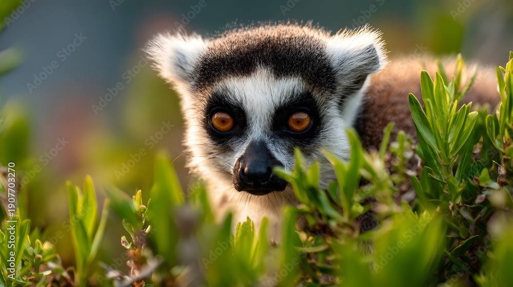Fototapeta premium Close-up Portrait of a Ring-Tailed Lemur Peeking Through Green Foliage.