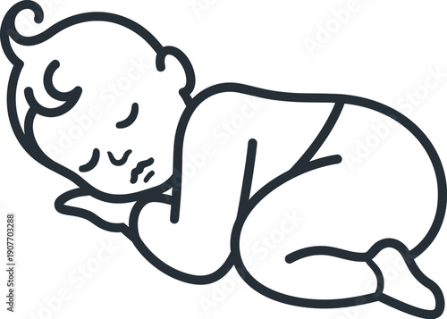 Simple black line art icon illustrating a peacefully sleeping newborn baby curled up sweetly in a comfortable resting position