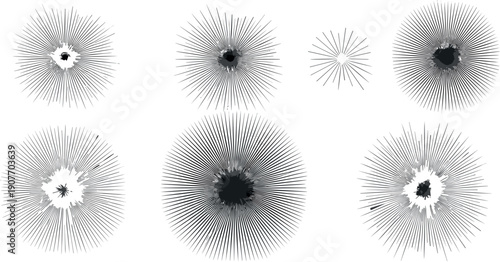 Abstract radial burst illustrations with fine line rays forming star explosions light halos and optical ripple patterns