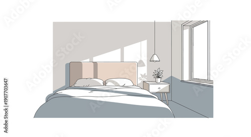 Minimalist bedroom interior design featuring a neatly made bed with sunlight streaming through the window casting dramatic shadows on the wall