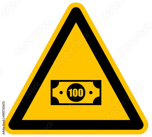 Señal de advertencia de billete de cien dólares amarillo y negro concepto de riesgo financiero ilustración vectorial