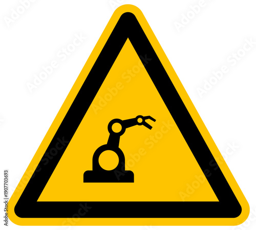 Señal de advertencia de brazo robótico industrial amarillo y negro ilustración vectorial de peligro en fábrica automatizada