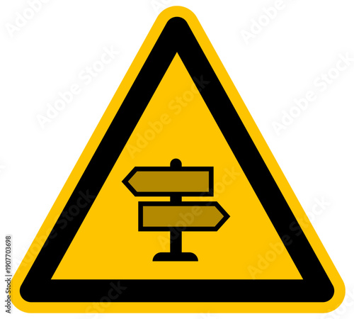 Señal de advertencia con poste indicador de direcciones amarillo y negro ilustración vectorial de decisión y orientación