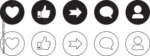 Common social media interaction icons presented in both solid black and outlined circular styles