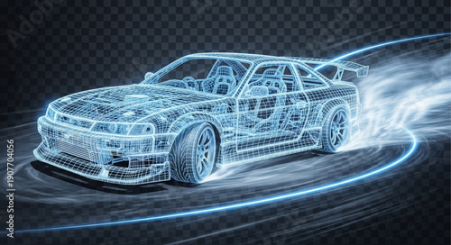 Blue Wireframe Car Racing Motion.