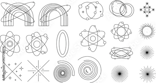 Abstract cosmic geometry icon set featuring rainbows, atomic models, orbit rings, starbursts, spirals, halos, and radiant energy symbols