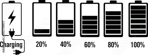 Battery charge level icon set showing charging state, percentage stages, power status, and digital energy indicators