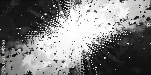 Geometric Symphony: An abstract composition, a captivating monochrome depiction of evolving geometric patterns and a central burst of light, symbolizing dynamic energy and modern design.