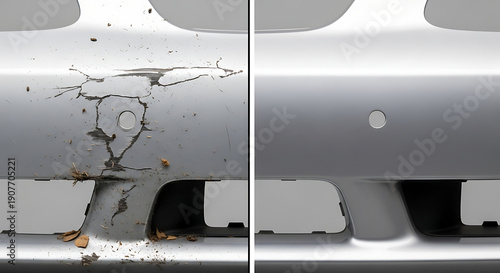 Before and After Car Repair Concept: Comparing Damaged Bumper with Scratches to Pristine Polished Bumper in Split Screen Image for Auto Repair Service Advertisement
