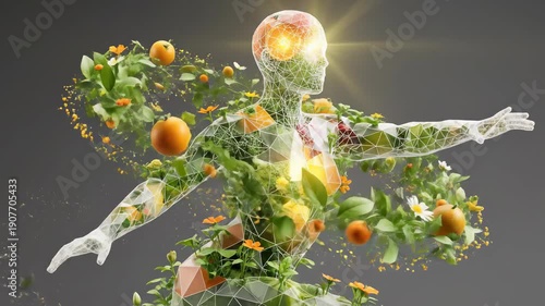 Harmonious human form glowing with natural vitality, embodying the profound connection between nourishing diet, mental clarity, emotional balance, and holistic wellness.