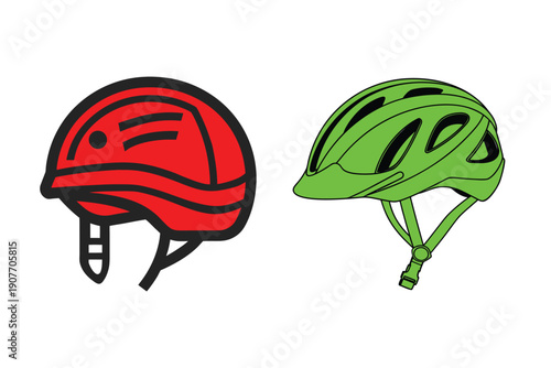 Two different types of protective headgear including a red safety helmet and a blue sports helmet.