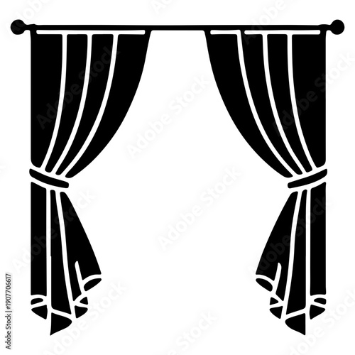 Drapery Curtains Swaged and Tied Open on Rod, Black Silhouette Vector Icon