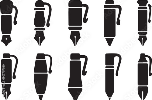 Collection of eight black fountain pens in various orientations