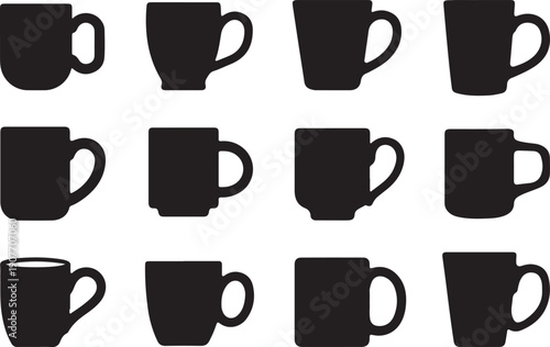 Collection of black coffee mugs in various orientations