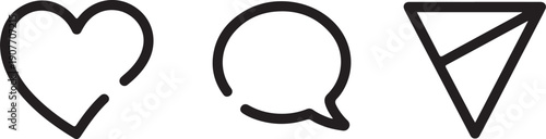 Minimalist black outline icons featuring a heart, a speech bubble, and a modern send symbol