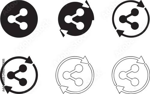 Multiple stylistic variations of the black share icon for digital content distribution and linking