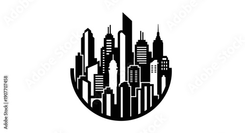 Circular Modern City Skyline Silhouette with Buildings on Isolated White Background
