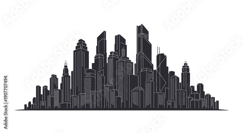 Dense Grayscale City Skyline with Numerous Buildings on Isolated White Background