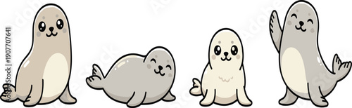 Cute Seal Vector Illustration Set with Adorable Cartoon Harbor Seals Including Waving Seal Pups and Sitting Sea Lion Characters