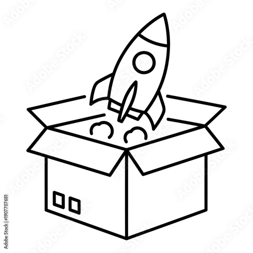 Rocket launching out of a cardboard box, symbolizing a new business startup or product launch.