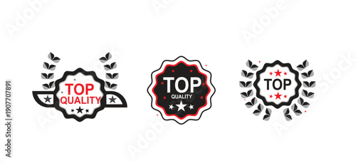 Vector set of three flat black and red 'Top Quality' badges with laurel wreaths and stars, isolated on transparent background for product branding.