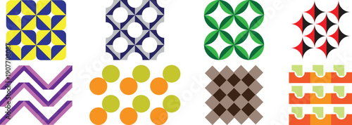 Vector collection of eight distinct seamless geometric patterns featuring triangles, circles, chevrons, and organic shapes in varied colors isolated on white.