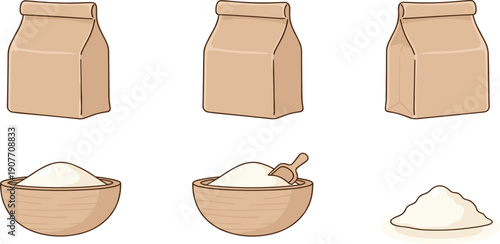 Flour Bags and Bowl of Wheat Flour Baking Ingredient Set Flat Vector Illustration Isolated on White Background