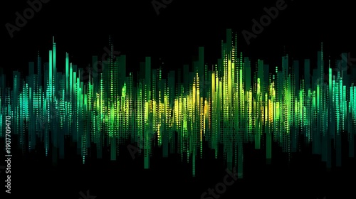 Dynamic blue and green digital stock market graph with bar charts and lines on a dark background, representing financial data analysis, investment trends, business growth, and global economy fluctuat