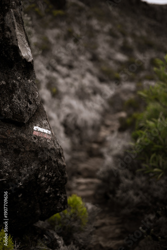 Balisage de sentier sur roche volcanique au Piton de la Fournaise