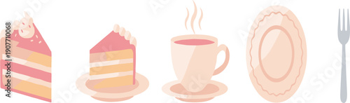 Cake Slices Coffee Cup and Tableware Set Flat Vector Illustration Isolated on White Background