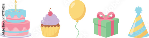 Birthday Party Elements Cake Cupcake Balloon Gift and Hat Set Flat Vector Illustration Isolated on White Background