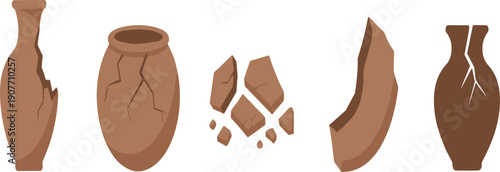 Broken Clay Vase and Shattered Pottery Pieces Set Flat Vector Illustration Isolated on White Background