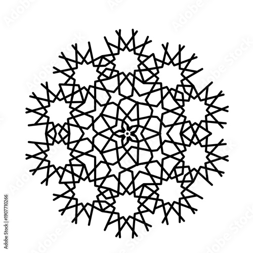 complex geometric mandala or Islamic star pattern in a black-and-white vector style. The design is composed of interlocking lines that form a series of sharp, multi-pointed stars and symmetrical polyg
