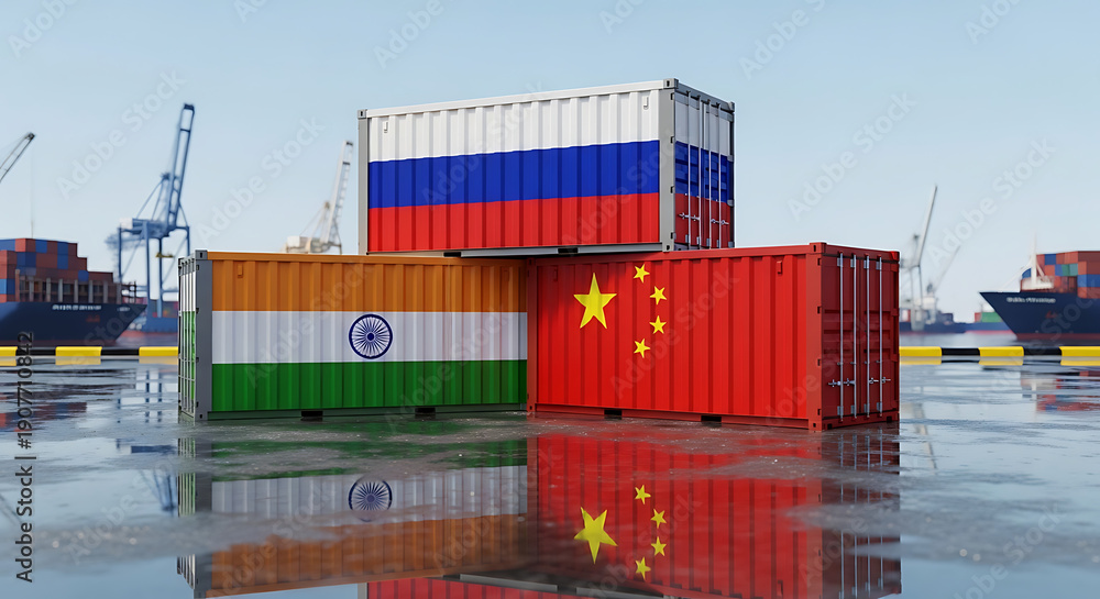 Fototapeta premium International Trade Shipping Containers with Russia India China Flags
